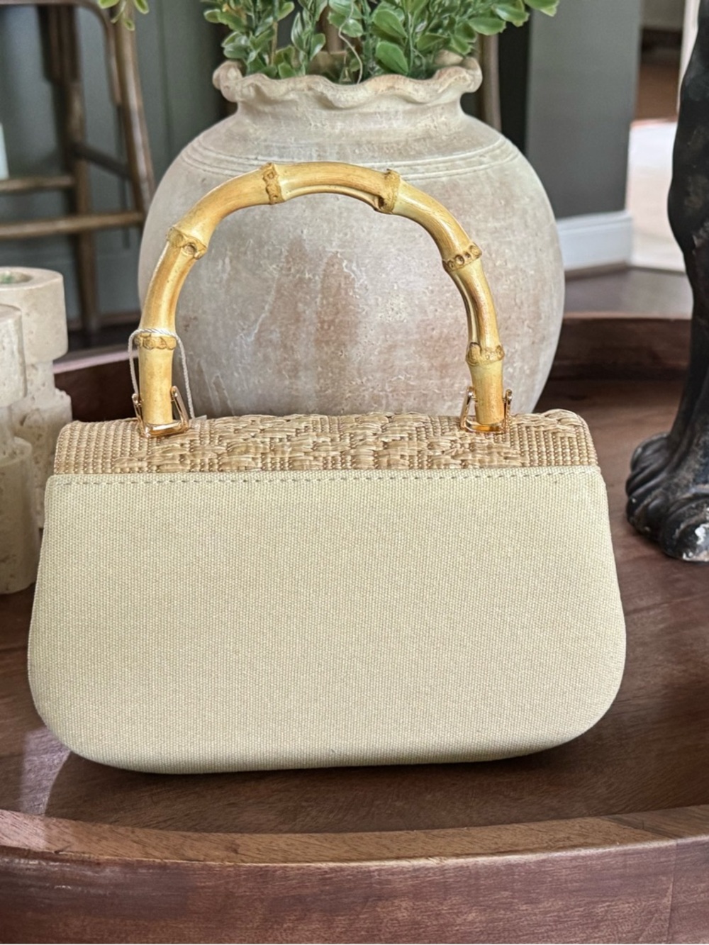 Brand NewTommy Bahama Natural Woven Mini Bag with Bamboo Handle - Picture 3 of 4